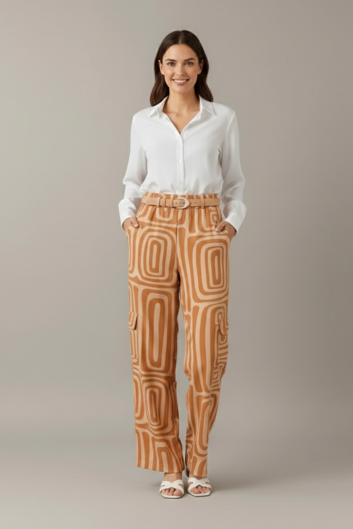 Women’s Two Piece Set with Collared Blouse and Printed Trousers