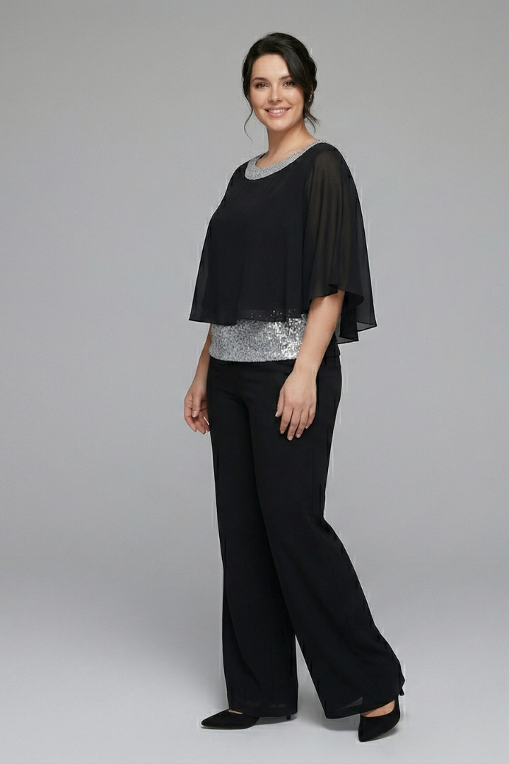 Women’s Two Piece Set with Embellished Neckline and Wide Leg Trousers