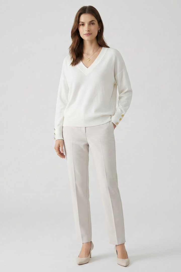 Women’s V-Neck Sweater with Dropped Shoulders and Buttoned Cuffs