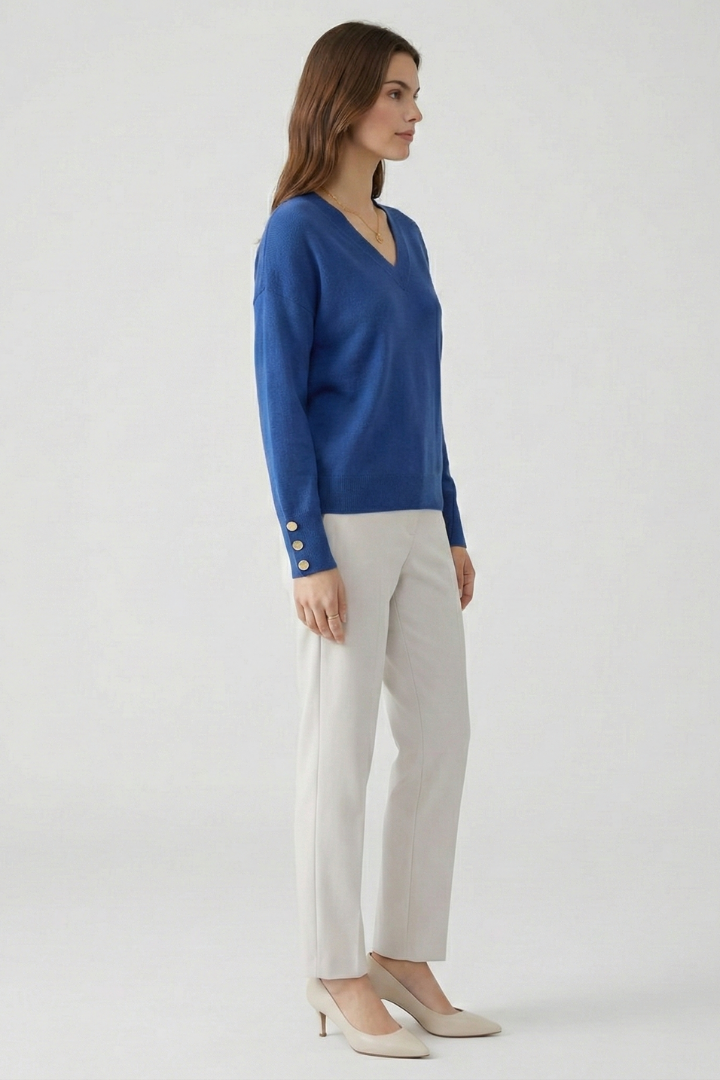 Women’s V-Neck Sweater with Dropped Shoulders and Buttoned Cuffs