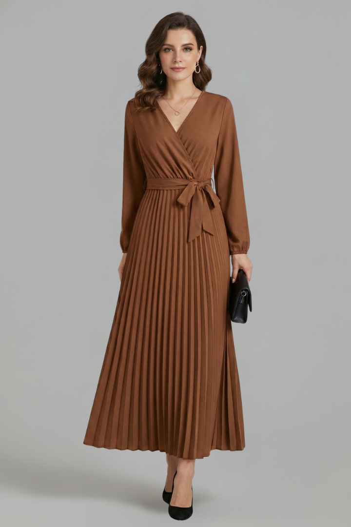 Women’s V-neck Maxi Dress with Pleated Skirt and Tie Waist