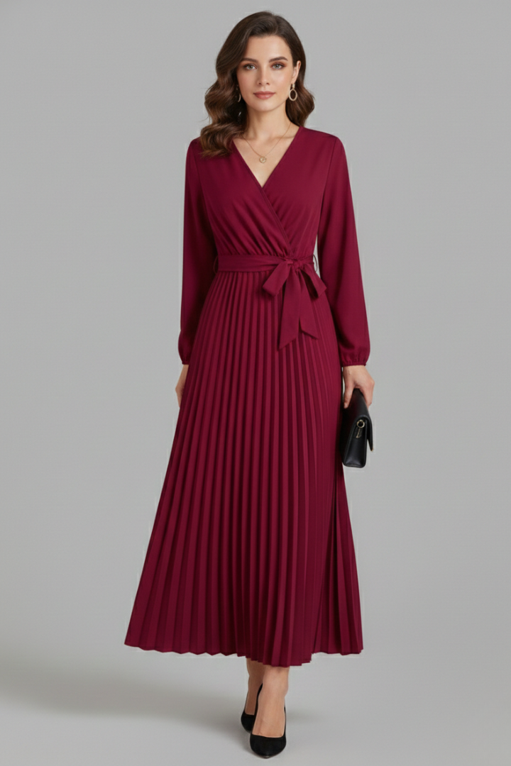 Women’s V-neck Maxi Dress with Pleated Skirt and Tie Waist