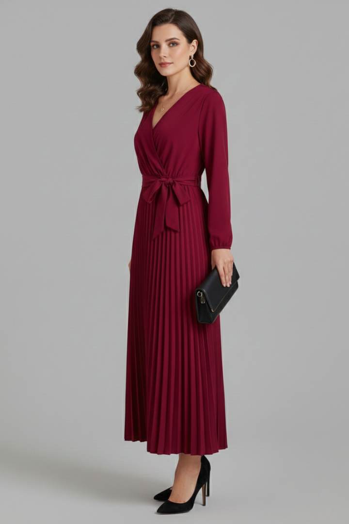 Women’s V-neck Maxi Dress with Pleated Skirt and Tie Waist
