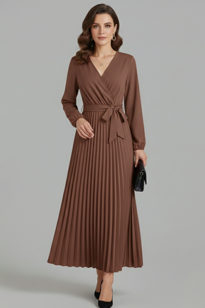 Women’s V-neck Maxi Dress with Pleated Skirt and Tie Waist