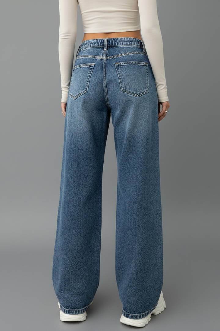 Women’s Wide-Leg Jeans with Drawstring Waist and Side Stripe