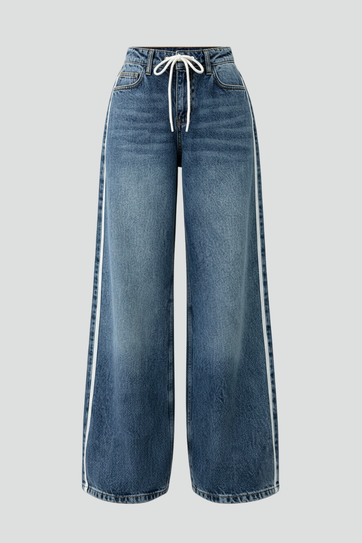 Women’s Wide-Leg Jeans with Drawstring Waist and Side Stripe