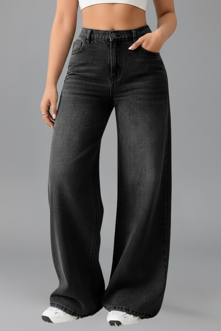 Women’s Wide-Leg Jeans with Front Closure and Long Hem