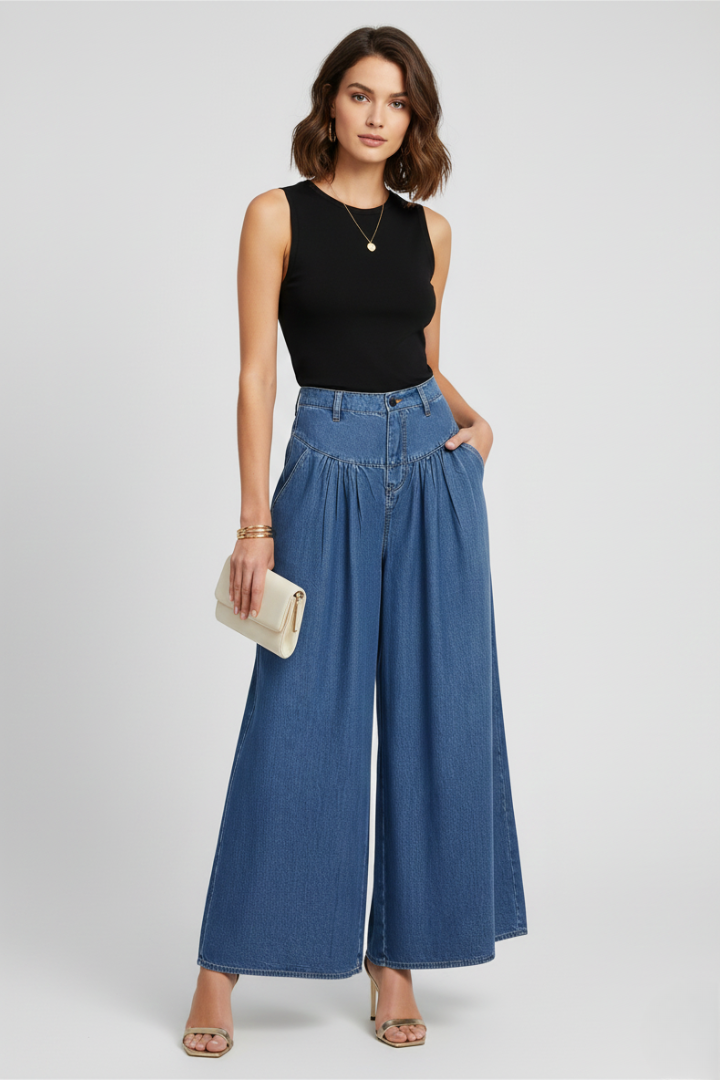 Women’s Wide-Leg Jeans with Washed Surface and Zipper Closure