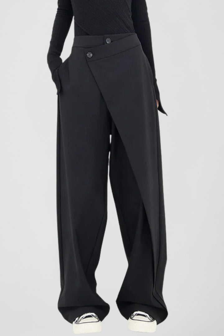 Women’s Wide-Leg Trousers with Asymmetric Front and High Waist
