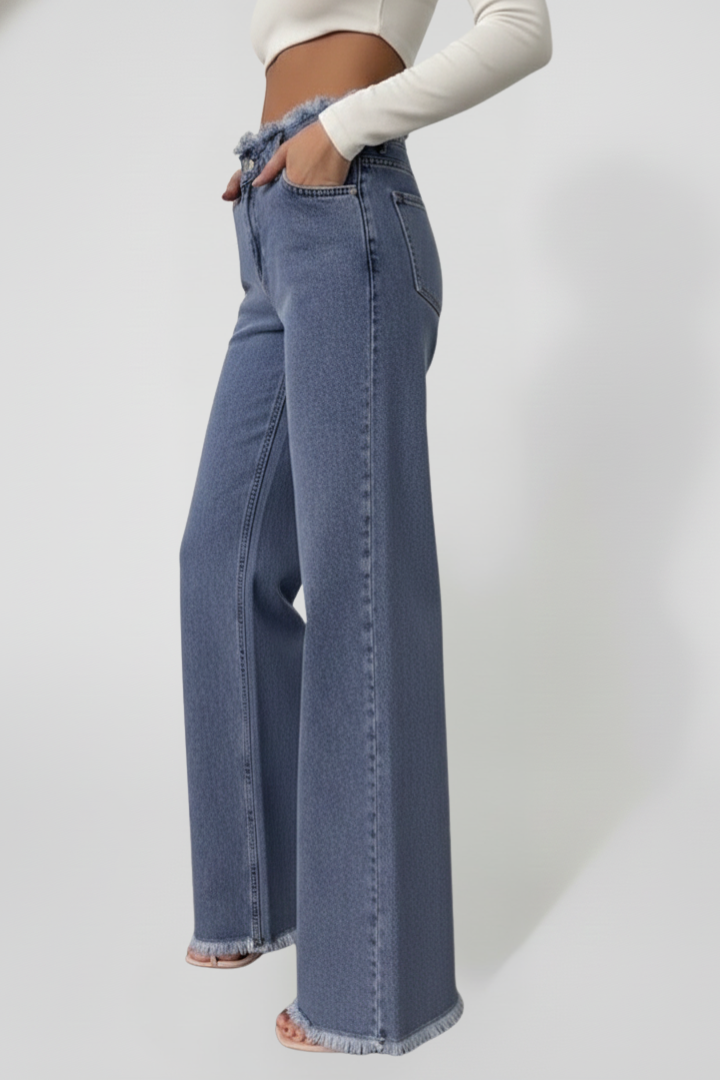 Women’s Wide-Leg Trousers with Raw Hem and Woven Surface