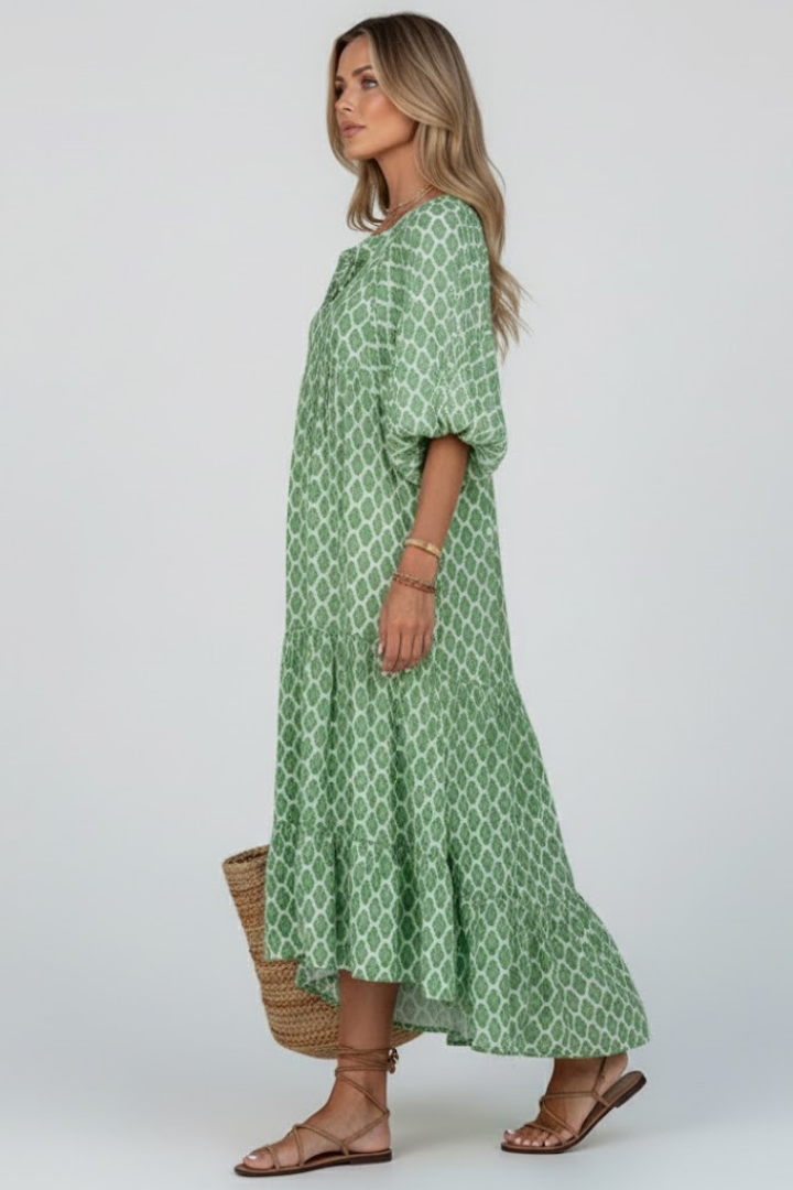 Women’s Long Dress with V Neck and Short Sleeves