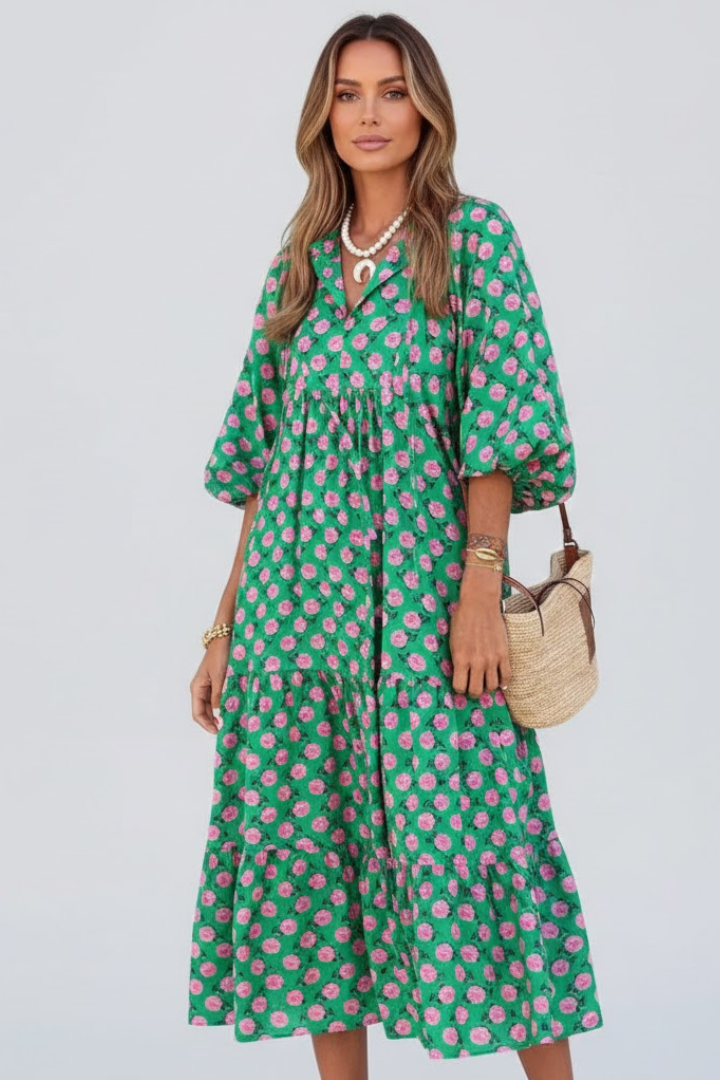 Women’s Long Dress with V Neck and Short Sleeves