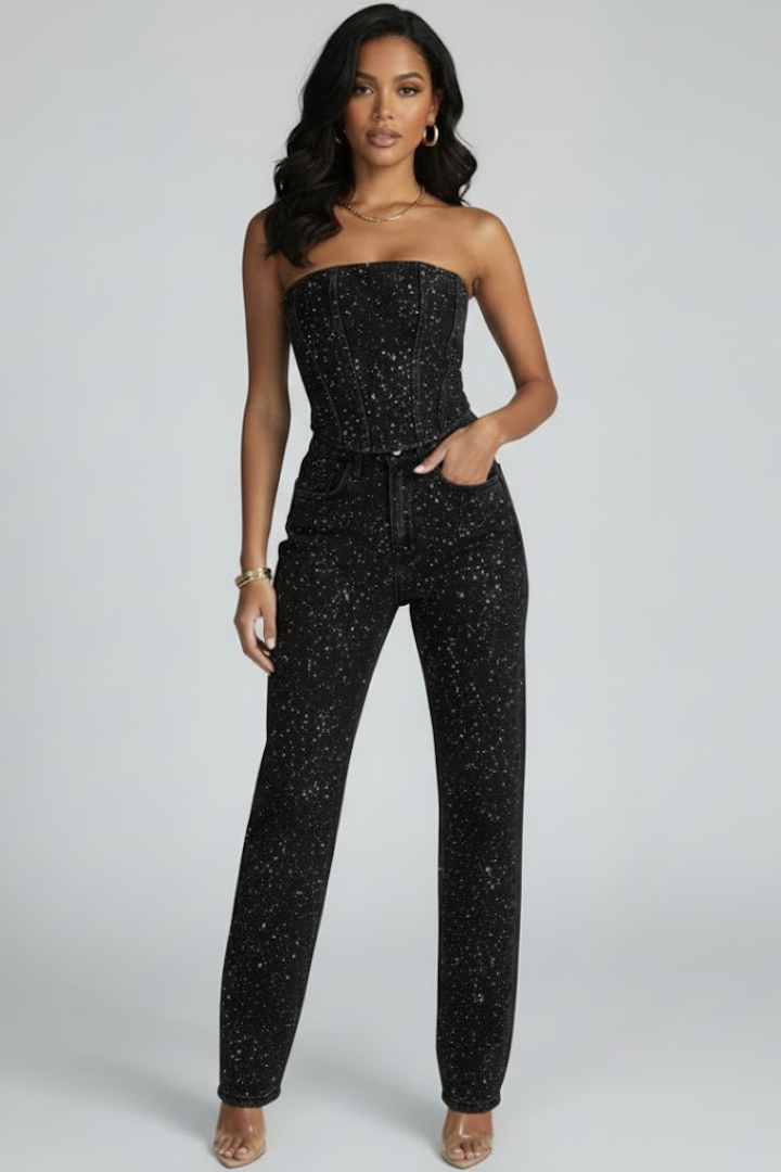 Women’s Strapless Top with High-Waisted Trousers Set