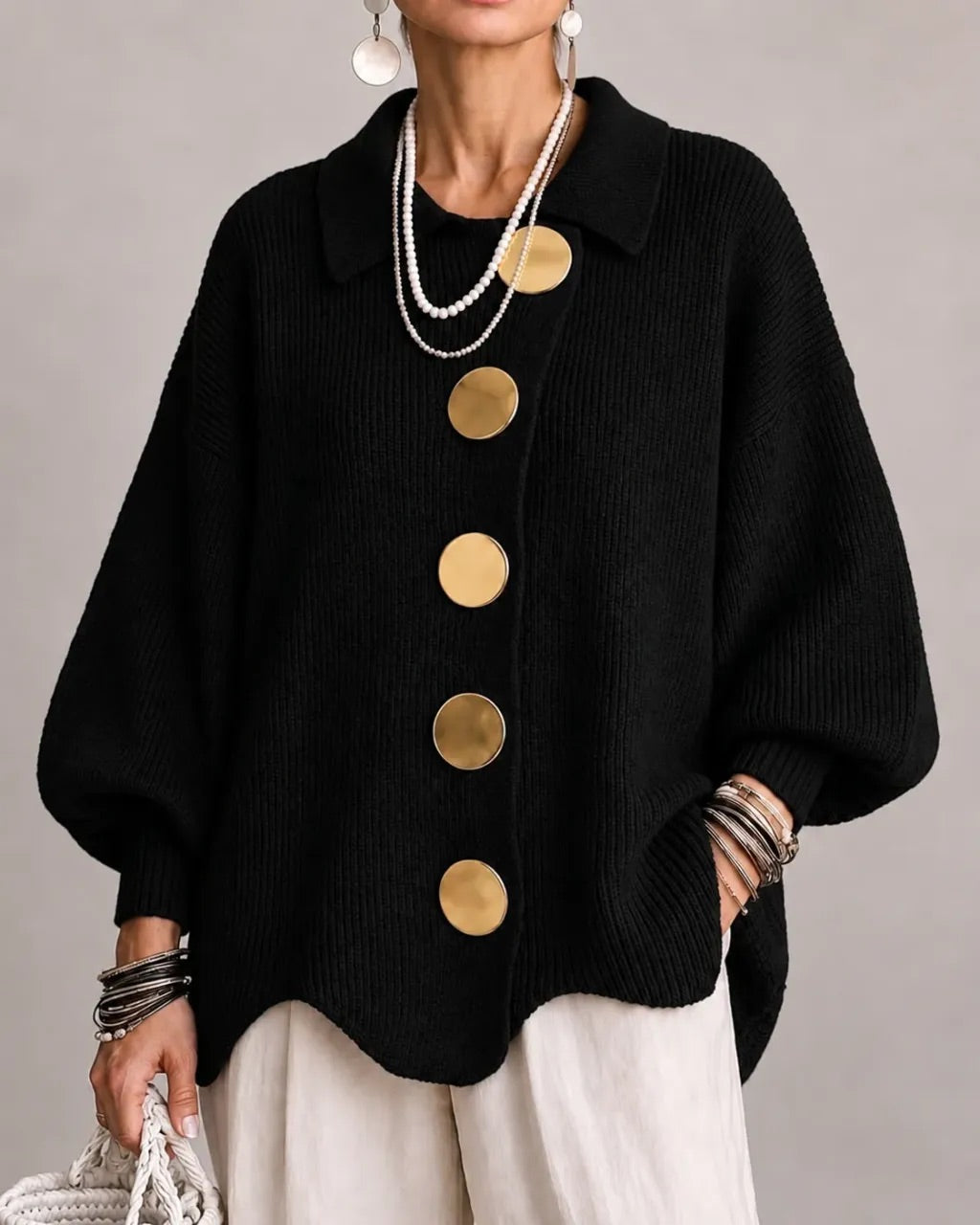 Oversized Collared Cardigan with Gold Buttons