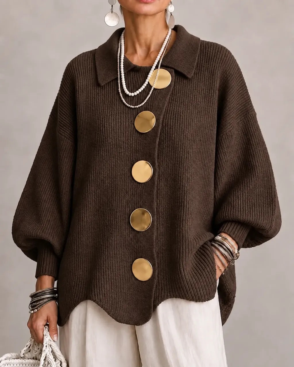 Oversized Collared Cardigan with Gold Buttons