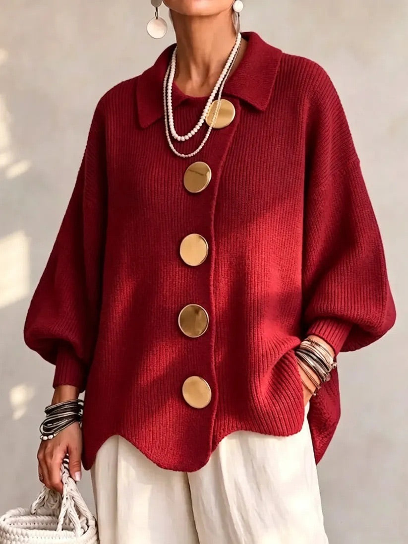 Oversized Collared Cardigan with Gold Buttons