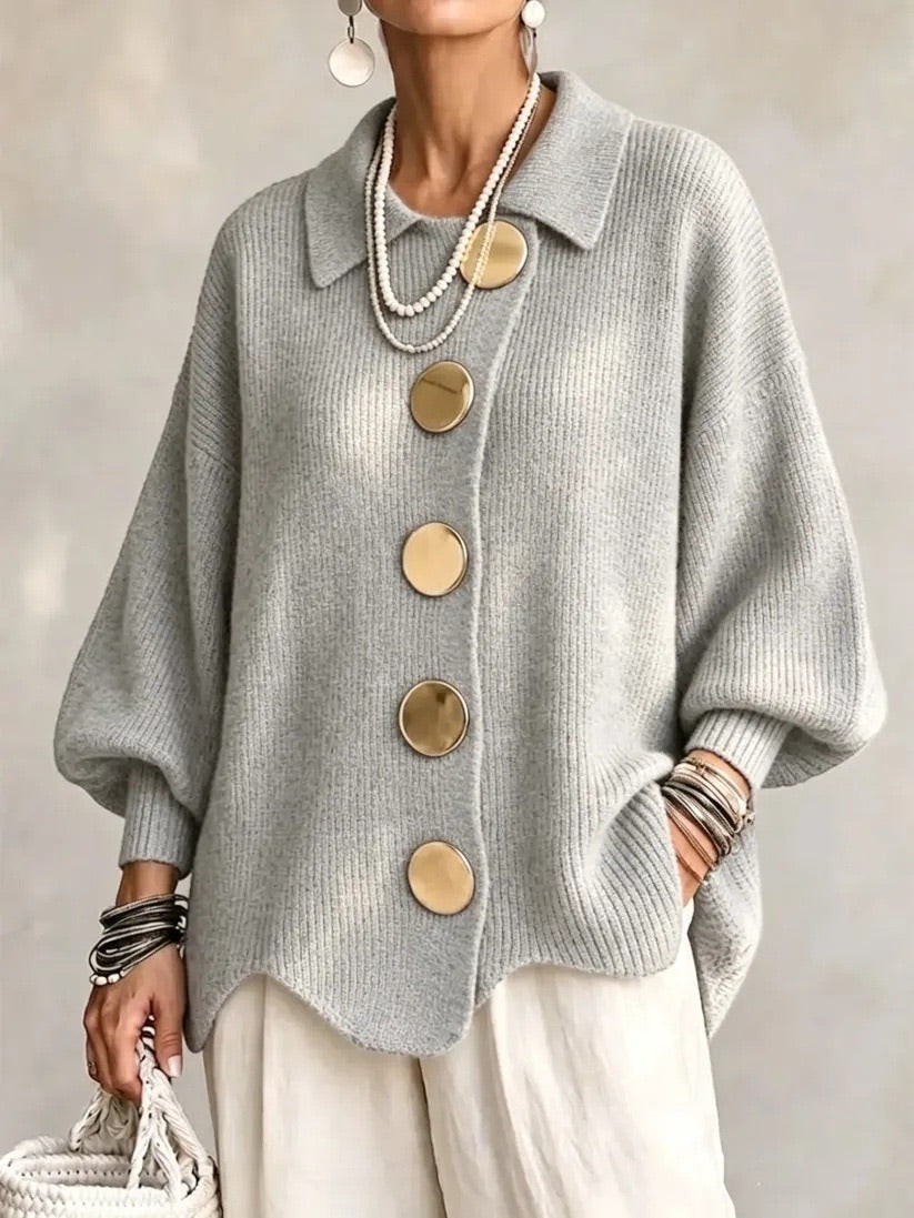 Oversized Collared Cardigan with Gold Buttons