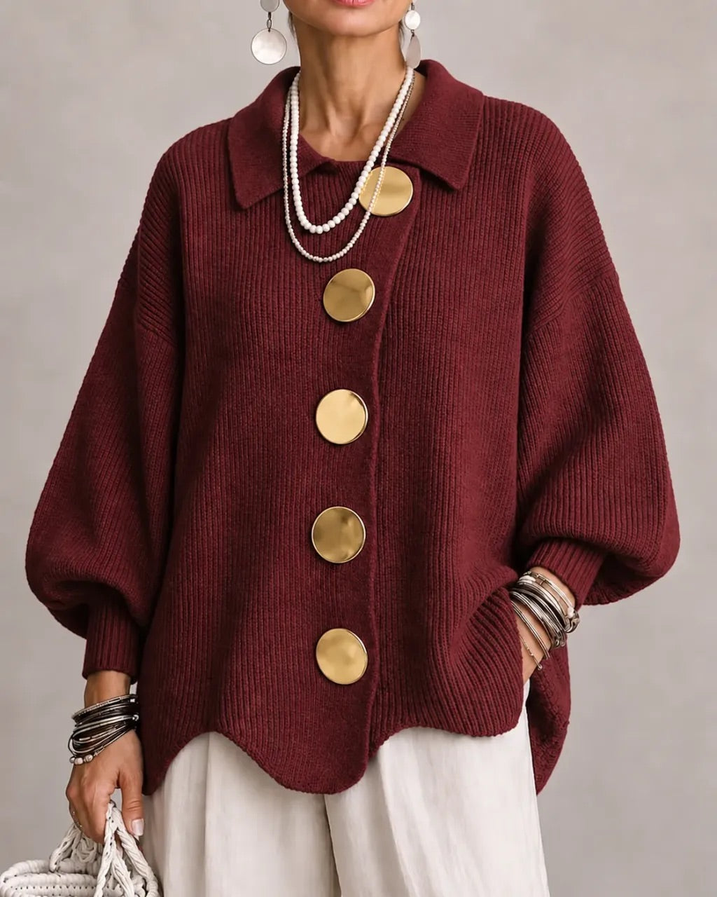 Oversized Collared Cardigan with Gold Buttons