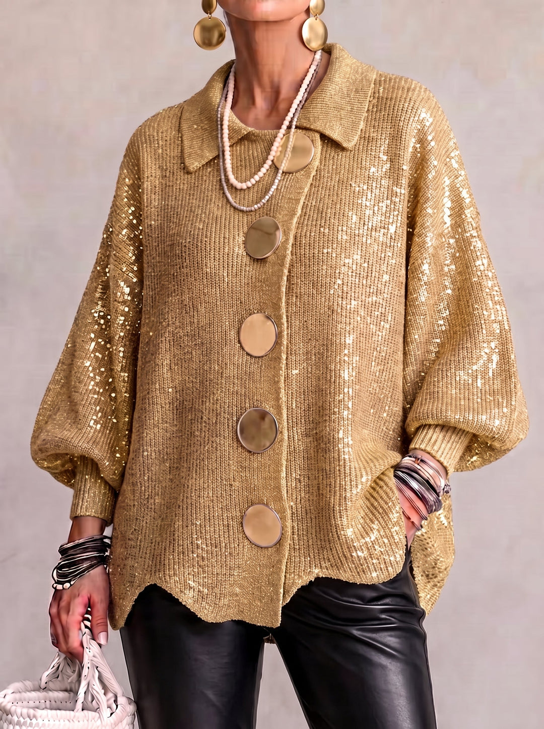 Oversized Collared Cardigan with Gold Buttons