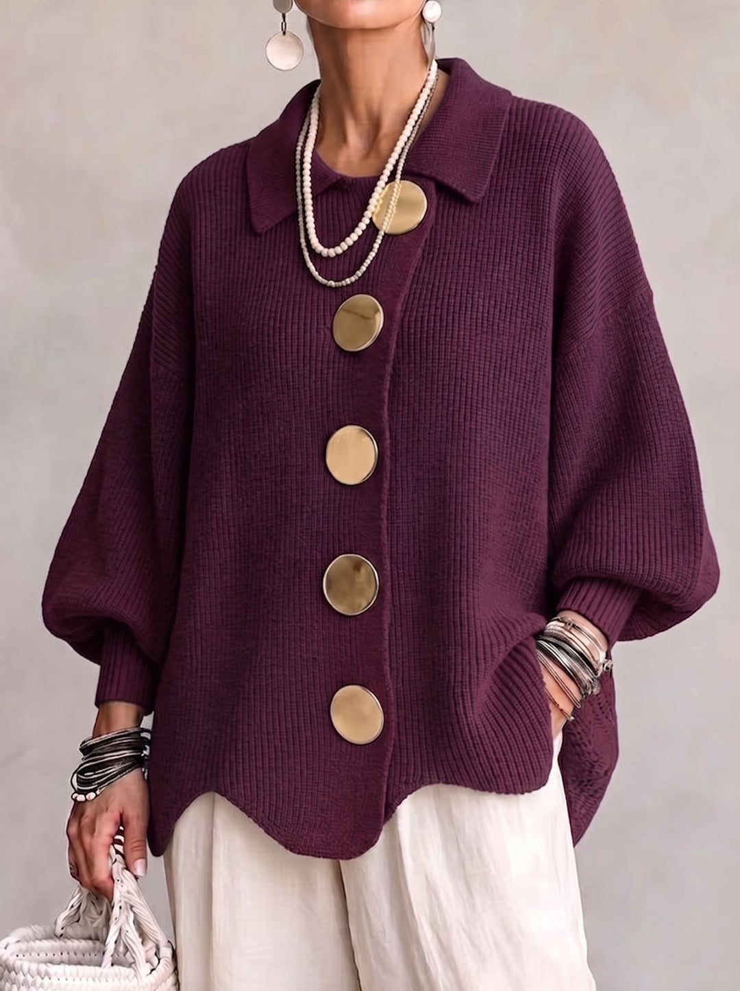 Oversized Collared Cardigan with Gold Buttons